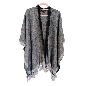 Cejon Genuine Rabbit Fur Trim Shawl Poncho Wrap Cape Gray‎ Black Knit OS Acrylic